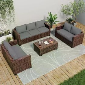 Patio Conversation Set with Fire Pit Table,4/5pcs Outdoor Oversized Sectional Sofa Wicker Patio Armrest Couch,Waterproof Covers (Color: 4pcs for 7-Grey)