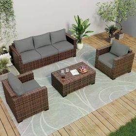 Patio Conversation Set with Fire Pit Table,4/5pcs Outdoor Oversized Sectional Sofa Wicker Patio Armrest Couch,Waterproof Covers (Color: 4pcs for 5-Grey)