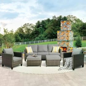 5 Pieces Outdoor Wicker Rattan Sofa Couch with Chairs, Ottomans and Comfy Cushions, Garden Backyard Patio Furniture Set (Color: Dark Grey-5 Pcs Set)