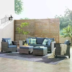 5 Pieces Outdoor Wicker Rattan Sofa Couch with Chairs, Ottomans and Comfy Cushions, Garden Backyard Patio Furniture Set (Color: Denim Blue-5 Pcs Set)