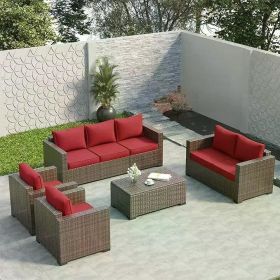 Patio Conversation Set with Fire Pit Table,4/5pcs Outdoor Oversized Sectional Sofa Wicker Patio Armrest Couch,Waterproof Covers (Color: 5pcs-table Burgundy)