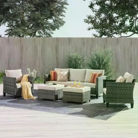 5 Pieces Outdoor Wicker Rattan Sofa Couch with Chairs, Ottomans and Comfy Cushions, Garden Backyard Patio Furniture Set (Color: Beige-5 Pcs Set)