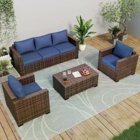 Patio Conversation Set with Fire Pit Table,4/5pcs Outdoor Oversized Sectional Sofa Wicker Patio Armrest Couch,Waterproof Covers (Color: 4pcs for 5-Navy)