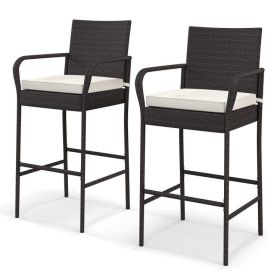 2/4 Pieces Outdoor PE Rattan Cushioned Barstool Set with Armrests (Size: Set of 2)