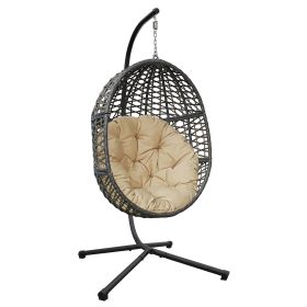 Wicker Hanging Swing Chair;  Rattan Hanging Egg Chair with Durable Stand and Waterproof Cushion for Outdoor Garden or Indoor Living Room (Color: Khaki)