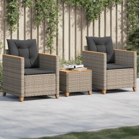 3 Piece Bistro Set with Cushions Gray Poly Rattan Acacia Wood (Color: Grey)