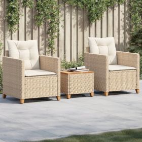 3 Piece Bistro Set with Cushions Beige Poly Rattan Acacia Wood (Color: Beige)