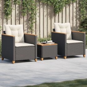 3 Piece Bistro Set with Cushions Black Poly Rattan Acacia Wood (Color: Black)