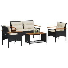 4 Piece Patio Sofa Set with Cushions Black Poly Rattan (Color: Black)