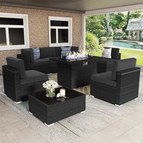 Patio Furniture Set,Vakollia 8 Pieces Patio Furniture Set with 44" Propane Gas Fire Pit Table, Outdoor Sectional Wicker Conversa (Color: 8-P w Black-black)