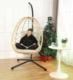 Swing Egg Chair with Stand, Hanging Chair Nest Basket, UV Resistant Removable& Washable Cushions,350LBS Capacity for Bedroom (Color: yellow-beige)