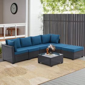 7 Pieces Outdoor Patio Furniture Set,Sectional Conversation Sofa Of Corner Chairs,Ottomans And Glass Top Table (Color: Coffee+Peacock blue)