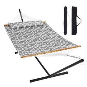 VEVOR Two Person Hammock with Stand Included Heavy Duty 480lb Capacity, Double Hammock with 12 FT Steel Stand and Portable Carrying Bag and Pillow (Type of Support: T Type, Color: Grey White)