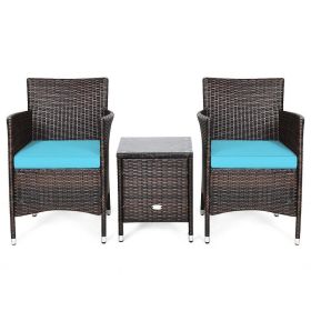 3 Pieces Ergonomic Wicker Patio Conversation Set (Color: Blue)