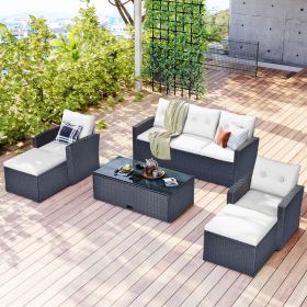 GO 6-piece All-Weather Wicker PE rattan Patio Outdoor Dining Conversation Sectional Set with coffee table, wicker sofas, ottomans (Color: as Pic)