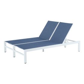 Double Chaise Lounge Outdoor Patio Aluminum Adjustable Back Lounge (Color: Navy)