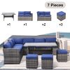 Outdoor Patio Furniture Set,7 Pieces Outdoor Sectional Conversation Sofa with Dining Table,Chairs and Ottomans,All Weather PE Rattan and Steel Frame