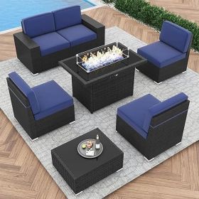 7/8 Pieces Outdoor Patio Furniture Set with Fire Pit Table Rattan Sectional Sofa Conversation Sets Moden Set for Garden (Color: 7-black Navy)