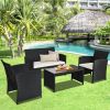 4 Pieces Rattan Patio Furniture Set with Weather Resistant Cushions and Tempered Glass Tabletop